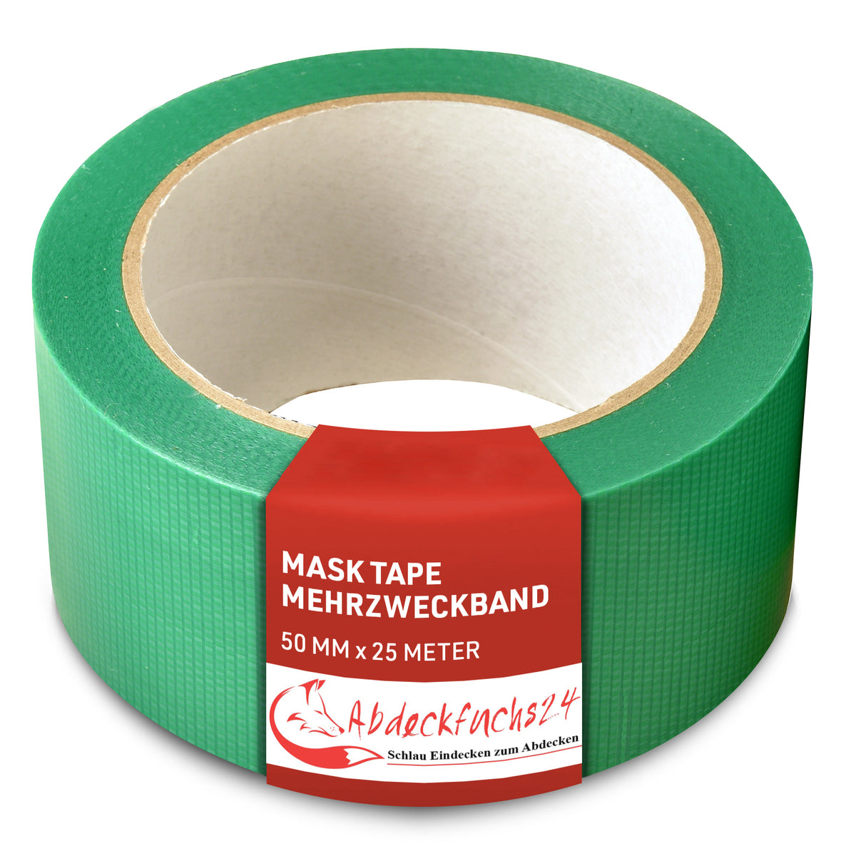 Grünes Mask Tape Mehrzweckband von Abdeckfuchs24, 50 mm x 25 Meter, mit Banderole. Außerordentlich robust, widerstandsfähig und temperaturbeständig bis zu 70°C (kurzfristig)