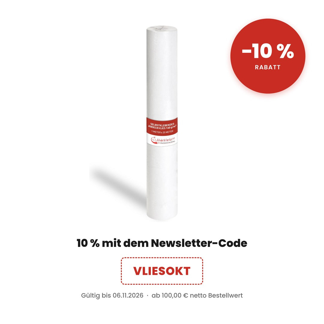 Selbstklebendes Abdeckvlies 160 g, 1 m × 25 m, mit Aktionshinweis 10 % Rabatt über den Newsletter-Code VLIESOKT