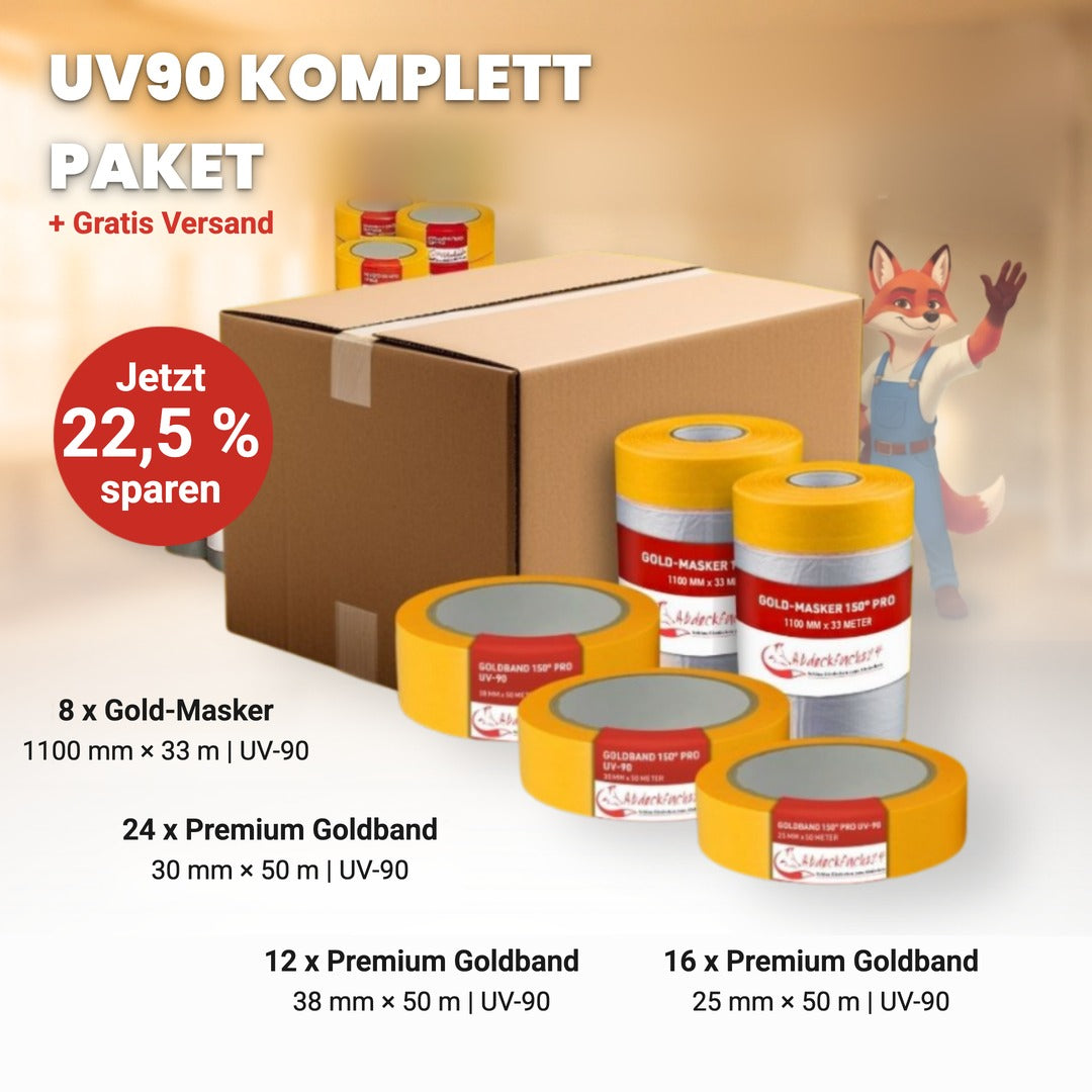UV90 Komplett Paket: 8 x Gold-Masker 1100 mm, 24 x Premium Goldband 30 mm, 12 x 38 mm, 16 x 25 mm