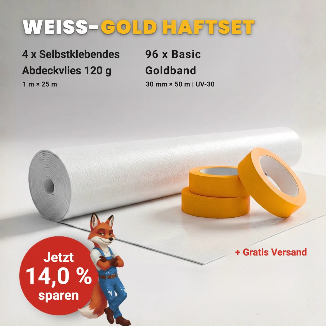 Weiss-Gold Haftset: 4 x selbstklebendes Abdeckvlies 120 g und 96 x Basic Goldband UV-30