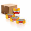 Set aus Abdeckfuchs24 Goldband 150° PRO UV-90 Klebebändern in drei Breiten sowie Gold-Masker 150° PRO, mit Versandkarton im Hintergrund