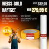 Exklusives Bundle mit 96x Goldband ECO UV-30 und 4x selbstklebendem Abdeckvlies – 15,7 % Rabatt für Handwerker. Fuchsmaskotchen hält Pinsel.