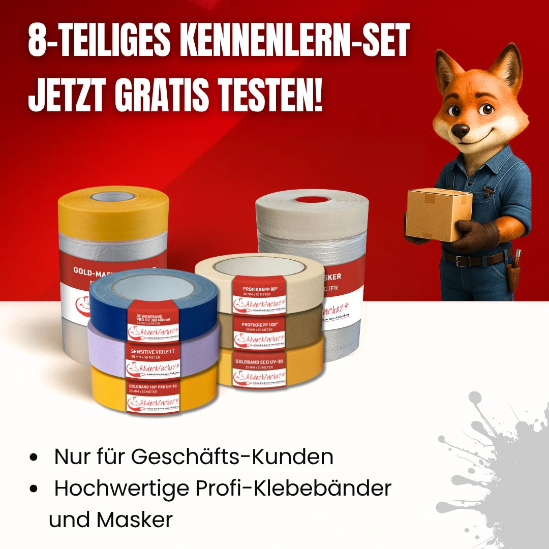 kostenloses Kennenlern-Set von Abdeckfuchs24 mit 8 Profi-Produkten (Klebebänder und Masker) für Geschäftskunden. Der Fuchs hält ein Paket, daneben die Testprodukte. Nur für gewerbliche Kunden.