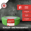 Grünes Lackiererkreppband PRO 120° mit hoher Beständigkeit gegen Wasser und Schleifen. Perfekt für präzise Abdeckarbeiten im Innen- und Außenbereich. 38 mm Breite und 50 Meter Länge für vielseitige Anwendungen.