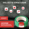 Eine Rolle grünes Mask Tape Mehrzweckband - Verputzband auf dunklem Hintergrund. Das Band ist mit einem UV-beständigen Acrylatkleber ausgestattet und besitzt eine hohe Klebekraft von 3,97 N/10 mm. Piktogramme zeigen vielseitige Einsatzmöglichkeiten, z.B Haushalt, Camping, Automobilbereich &Gartenarbeit.