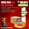 Abdeckfuchs24 Mega-Deal fuer Neukunden: 128 Rollen Premium Goldband 150 Grad UV90, 30 mm x 50 m, jetzt fuer nur 299,99 €. Zusaetzlich gratis 2 Rollen weisses Vlies 25 m und kostenloser Versand. Spare 133,51 € – Angebot limitiert auf 200 Bestellungen. Ideal fuer Malerbetriebe und Handwerksprofis.