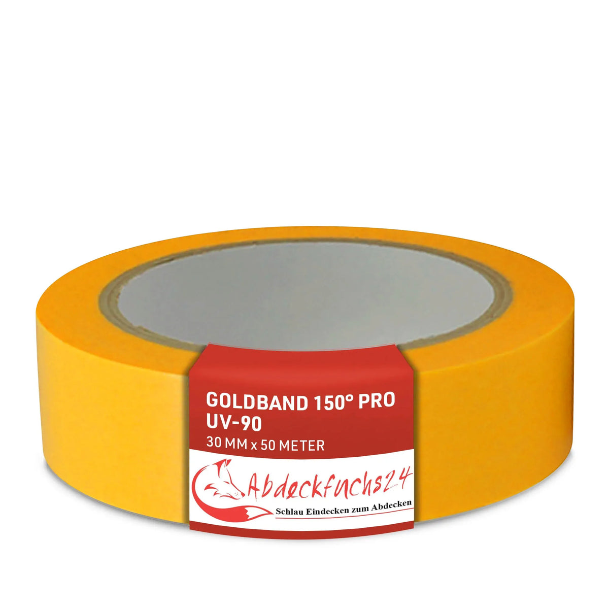 Gelbes Abdeckband Goldband 150° Pro UV-90, 30mm x 50m, für Maler- und Renovierungsarbeiten, UV-beständig und hochwertig, erhältlich bei Abdeckfuchs24