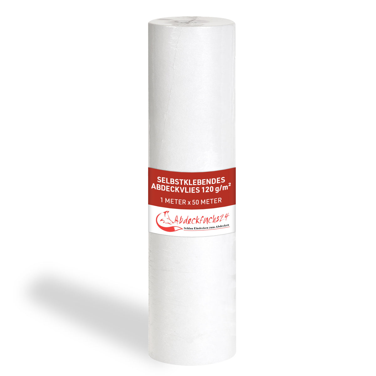 Selbstklebendes Abdeckvlies weiß, 120 g/m², 1m x 50m Rolle, ideal für Oberflächenschutz bei Malerarbeiten und Bauprojekten, erhältlich bei Abdeckfuchs24.