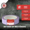 Violettes Sensitiv-Kreppband auf dunklem Hintergrund. UV-beständig für 60 Tage, geeignet für den Innen- und Außenbereich. Erhältlich in Breiten von 19 bis 50 mm und mit einer Länge von 50 Metern.