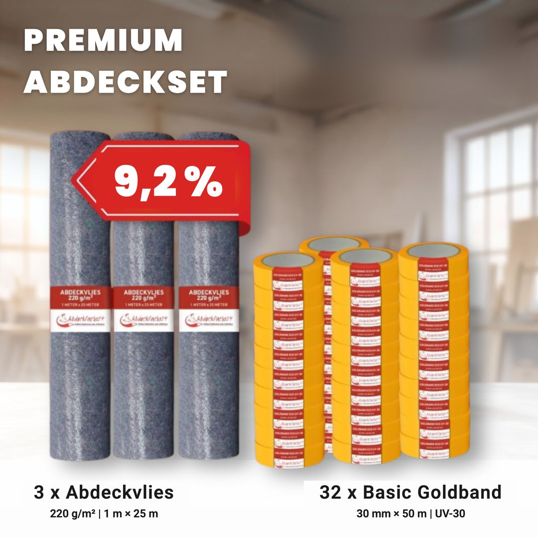 Premium Abdeckset: 3 x Abdeckvlies 220 g/m² und 32 x Basic Goldband UV-30, 30 mm