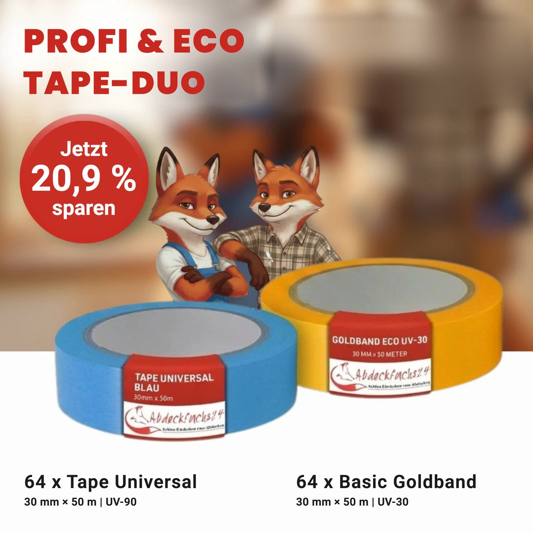 Profi & Eco Tape-Duo: 64 x Tape Universal Blau und 64 x Basic Goldband UV-30, 30 mm × 50 m